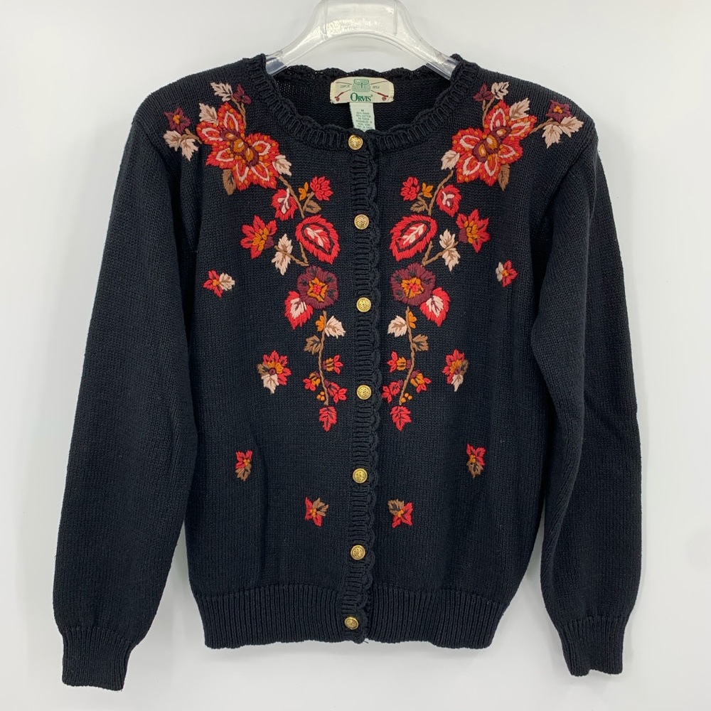 ORVIS VTG Cardigan Black w/Fall Leaves: SZ. M